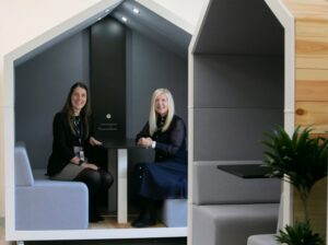 Wilton Centre accommodation manager Claire Morton and Jane Reynolds from Tees Valley Business Club try out a new meeting pod